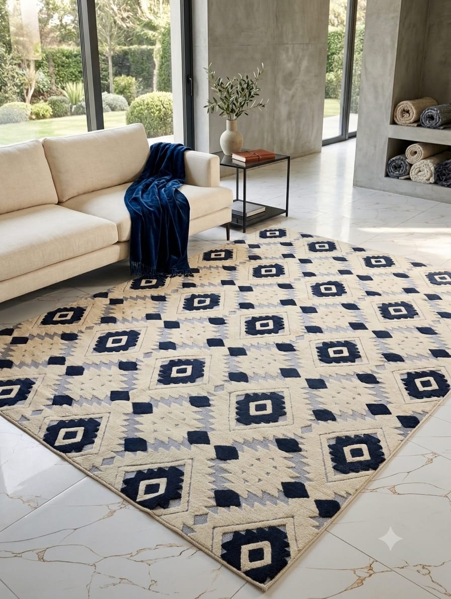 Tapis Kilim en Laine Artisanale 3m x 2m - Maison Géométrique (Bleu & Beige) — vue 1