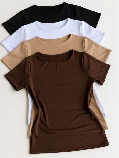 T-shirt Basique Femme Col Rond – Coupe Ajustée & Tissu Extensible — vue 1