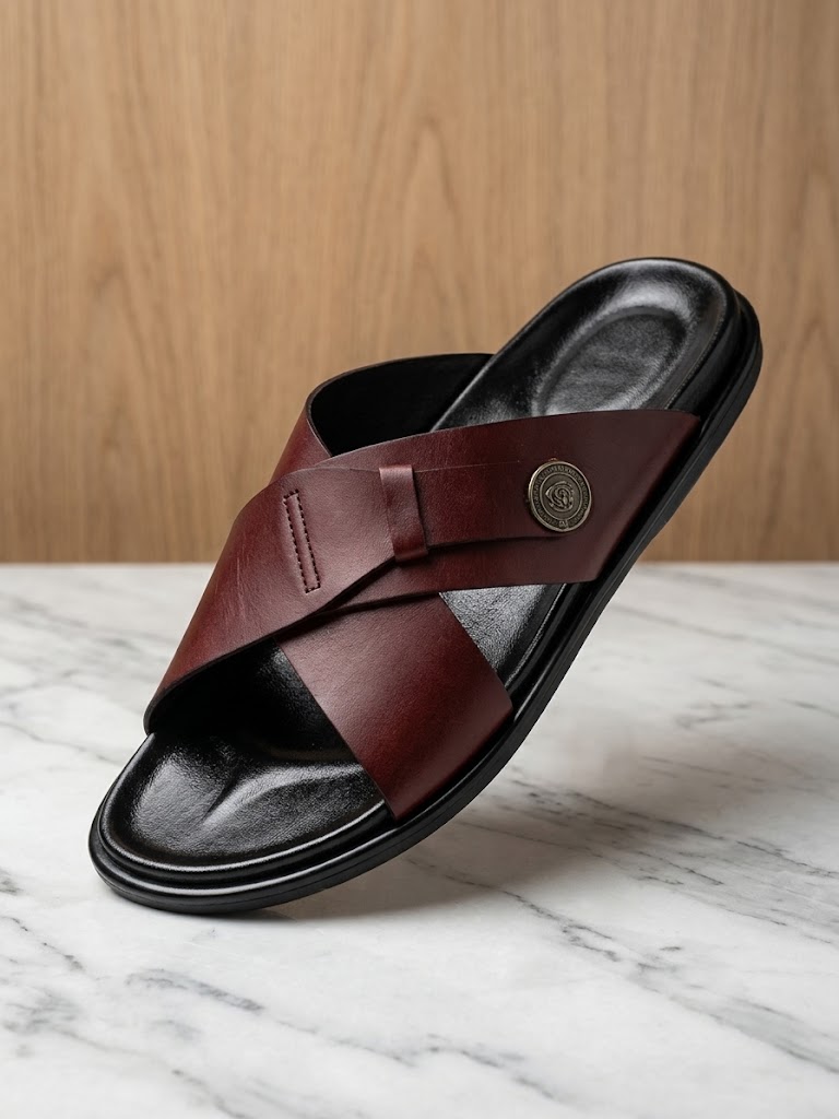 Sandales Mules Orthopédiques Homme en Cuir Croisé – Marron / Bordeaux — vue 1