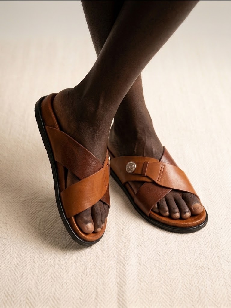 Sandales Mules Homme en Cuir Véritable – Marron Cognac — vue 1